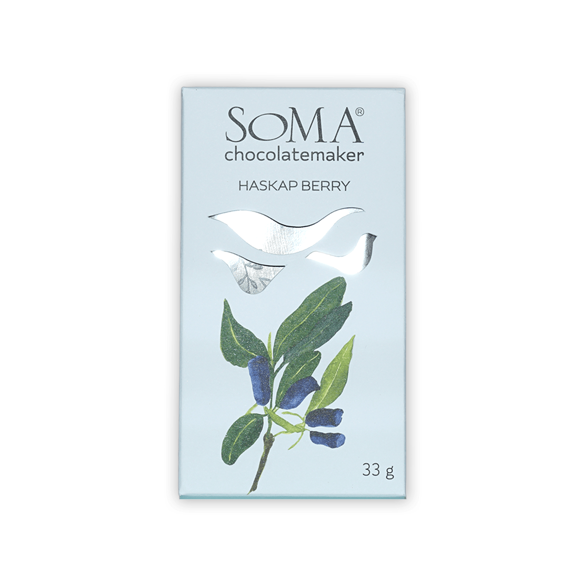 Soma Mini Haskap Berry light blue chocolate package with berry leaves illustration