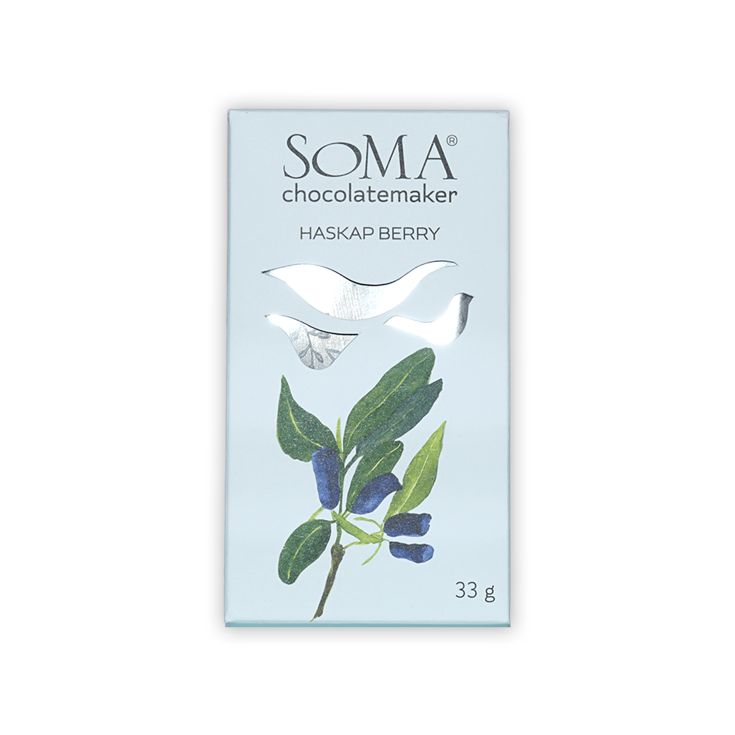 Soma Mini Haskap Berry light blue chocolate package with berry leaves illustration