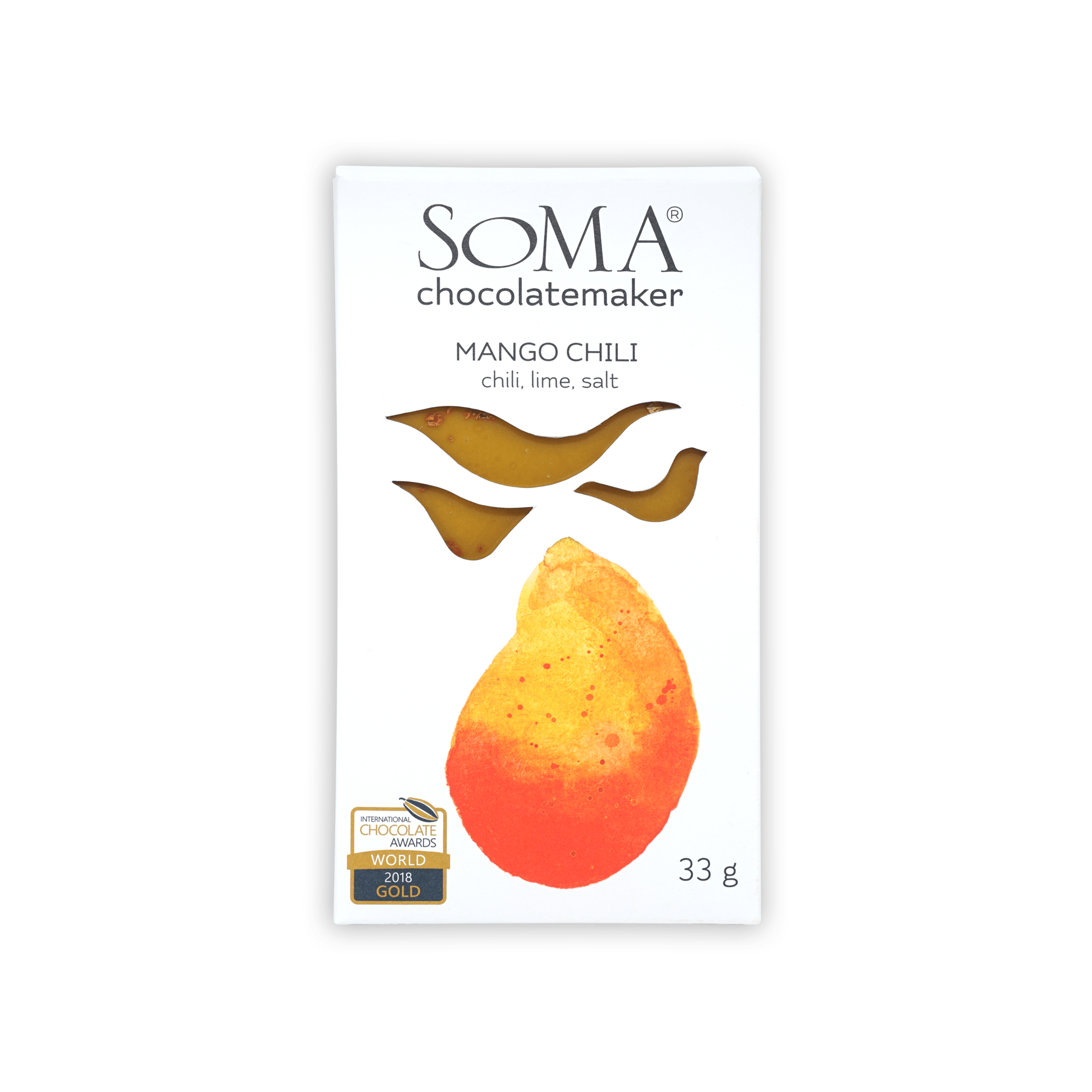Soma Mini Mango Chili Bar in white package with mango chili illustrations