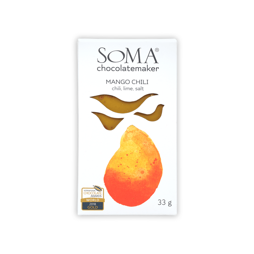 Soma Mini Mango Chili Bar in white package with mango chili illustrations