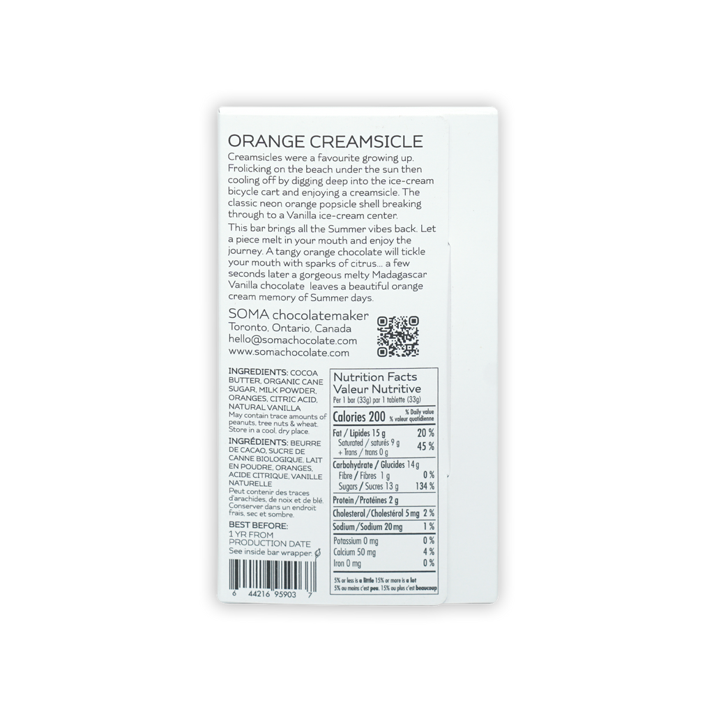 Back of Soma Mini Orange Creamsicle Bar white wrapper with black text and barcode