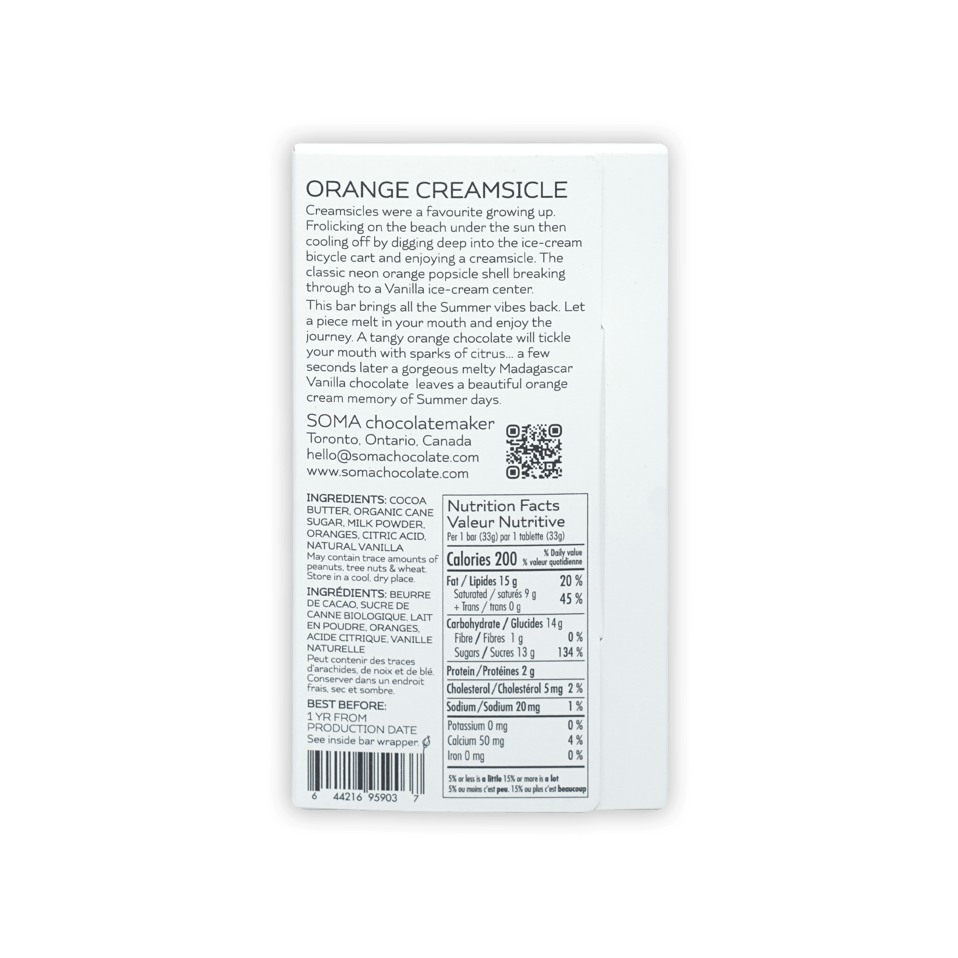 Back of Soma Mini Orange Creamsicle Bar white wrapper with black text and barcode
