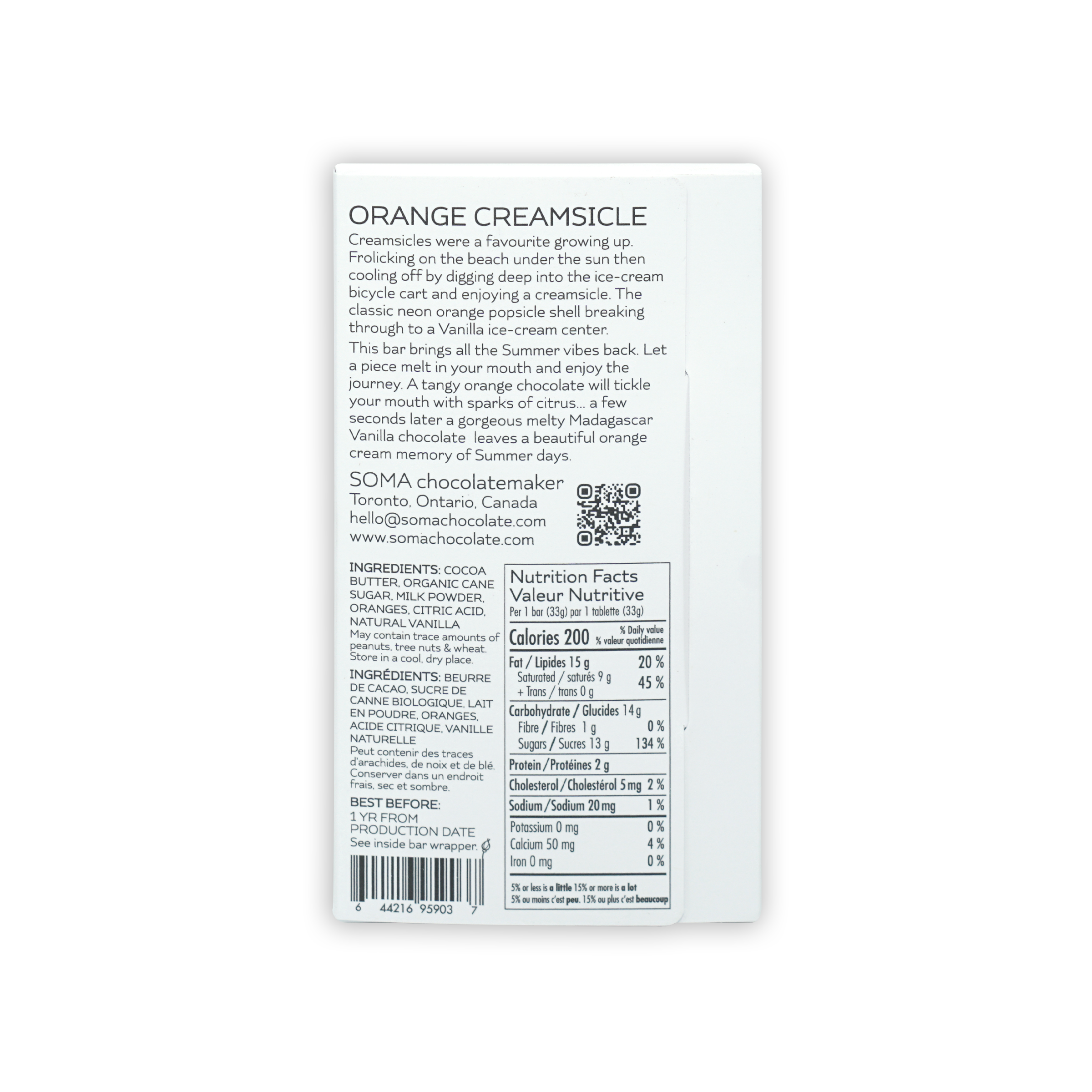 Back of Soma Mini Orange Creamsicle Bar white wrapper with black text and barcode