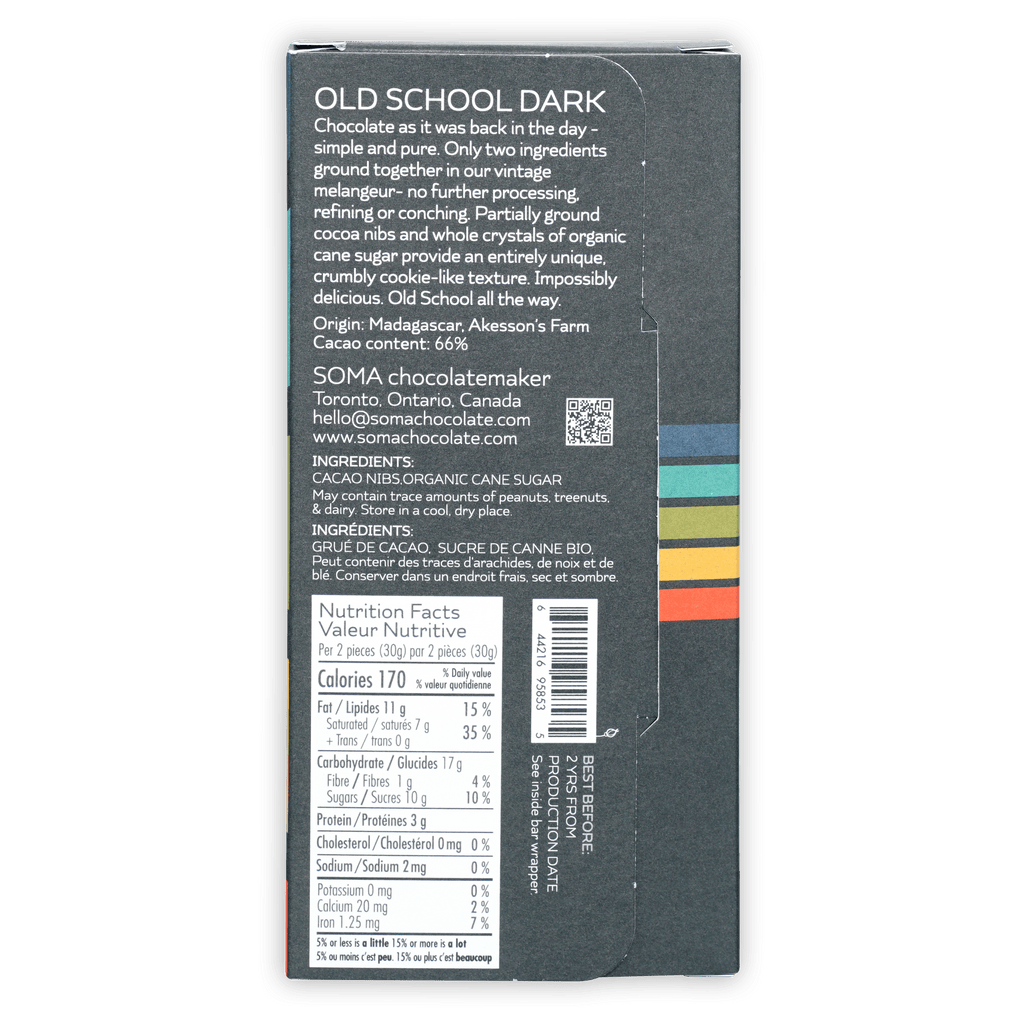 Soma Old School Dark 66% chocolate bar box back with ingredients