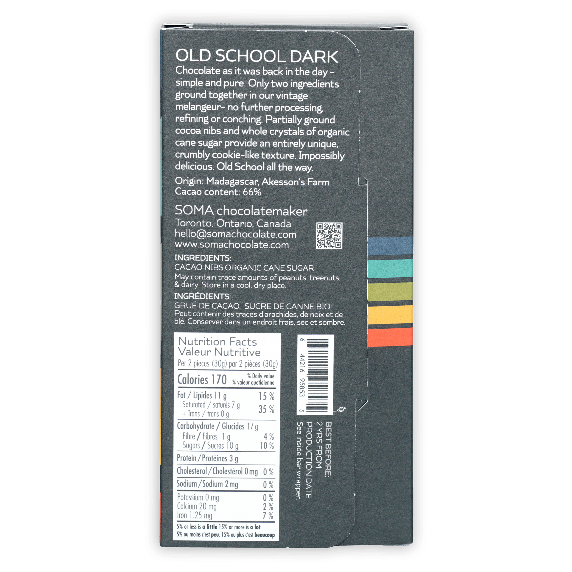 Soma Old School Dark 66% chocolate bar box back with ingredients