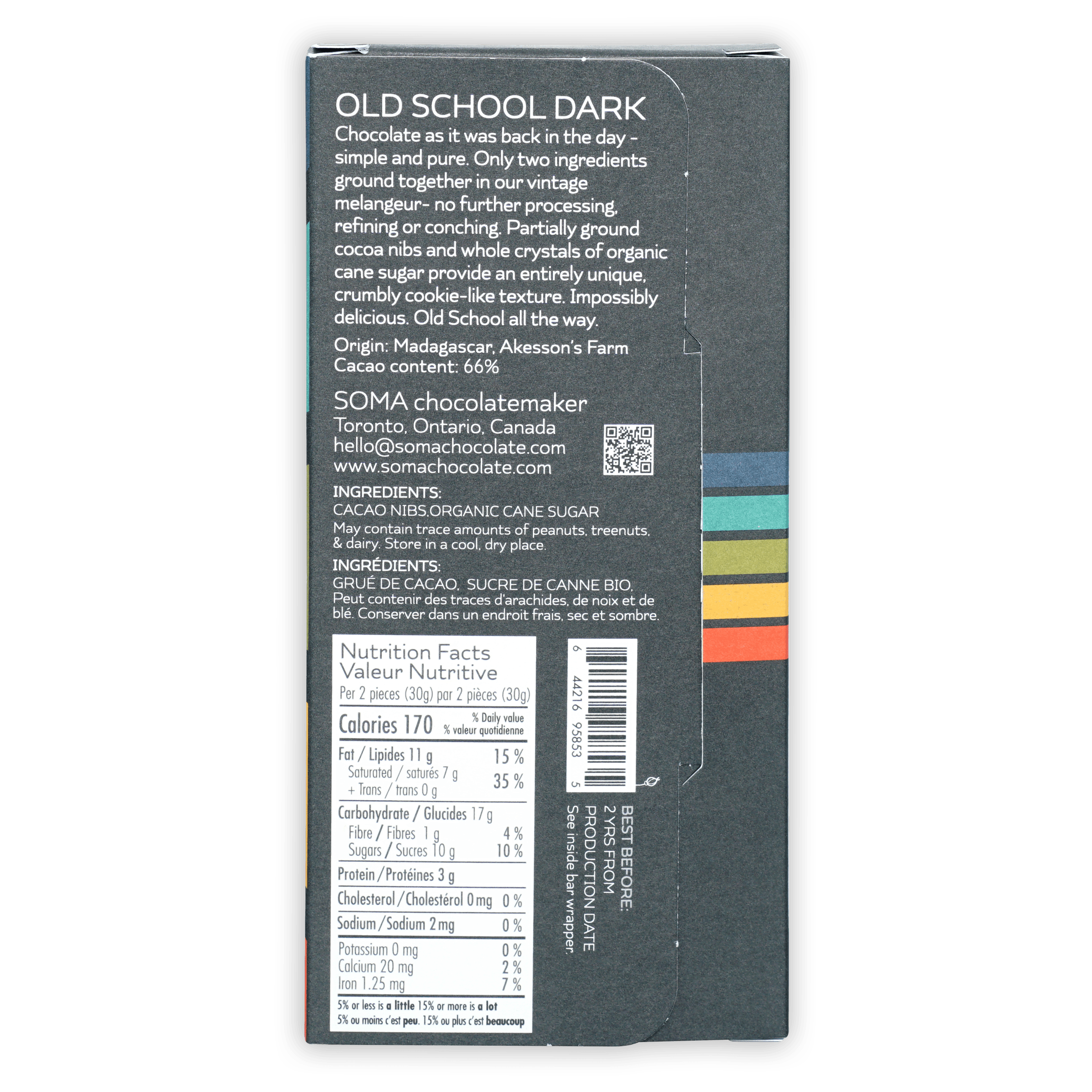 Soma Old School Dark 66% chocolate bar box back with ingredients