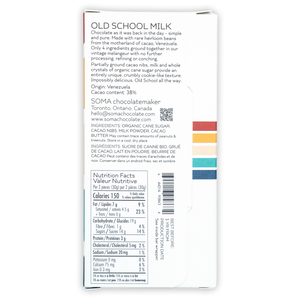 Soma Old School Milk Chuao bar white box with black text stripes
