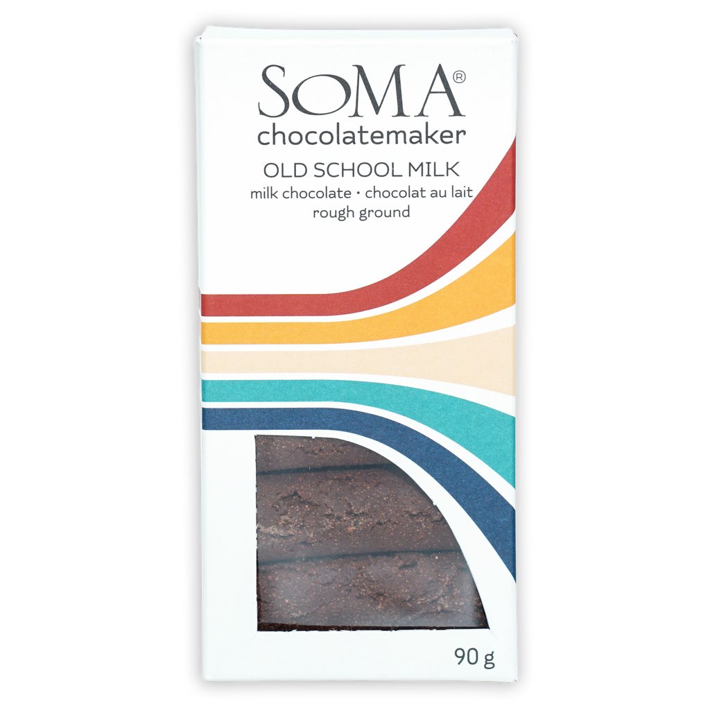 Soma Old School Milk Chuao 90g chocolate bar with striped packaging