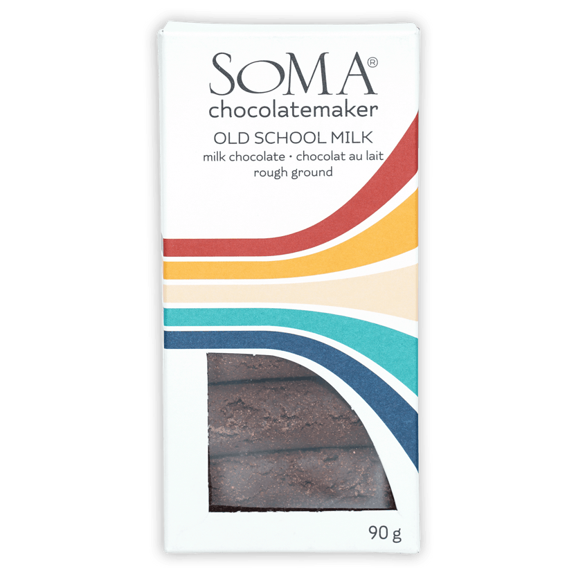 Soma Old School Milk Chuao 90g chocolate bar with striped packaging