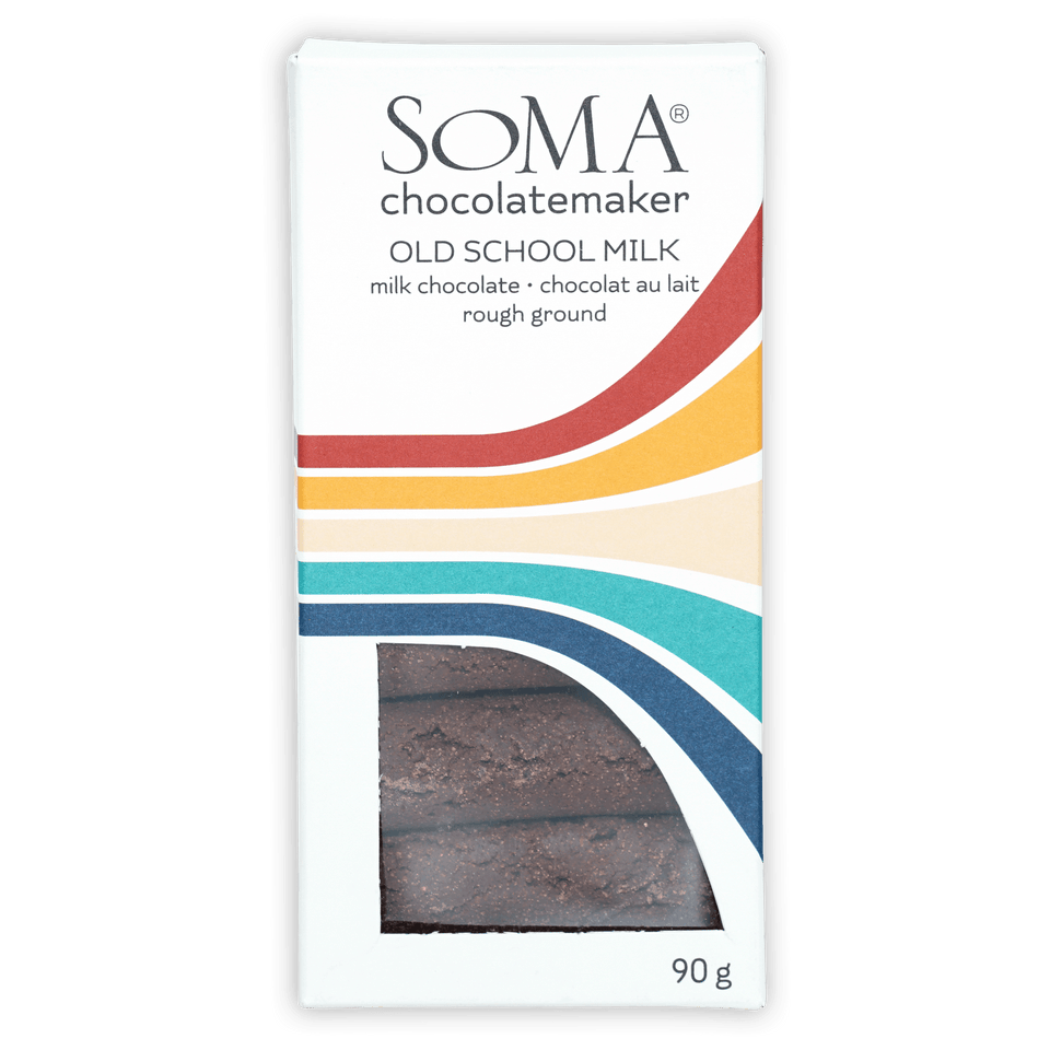 Soma Old School Milk Chuao 90g chocolate bar with striped packaging