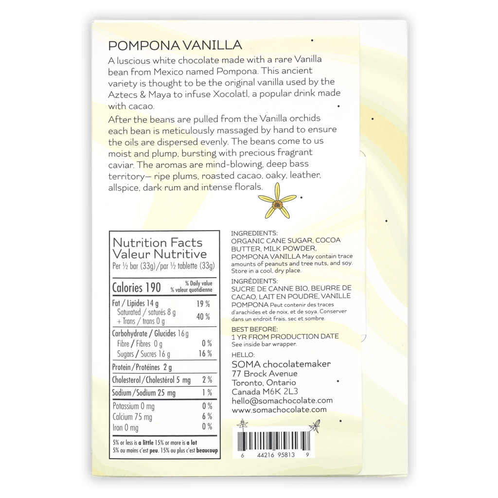 Soma Pompona Vanilla white chocolate bar in pale yellow matte wrapper