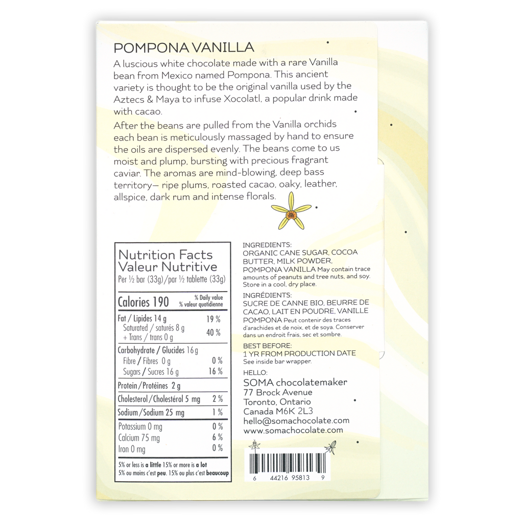 Soma Pompona Vanilla white chocolate bar in pale yellow matte wrapper