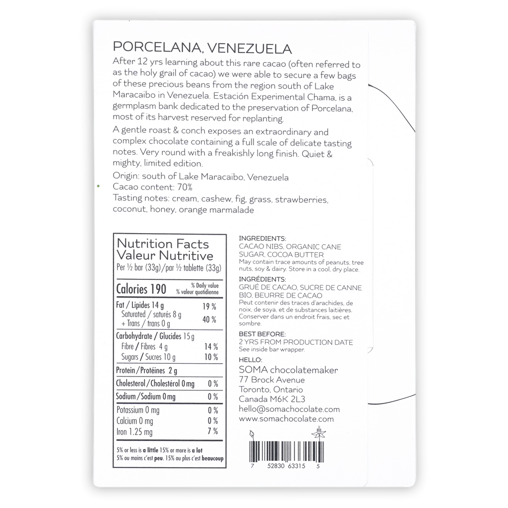Back of Soma Porcelana, Venezuela box, product description, nutrition facts and ingredients