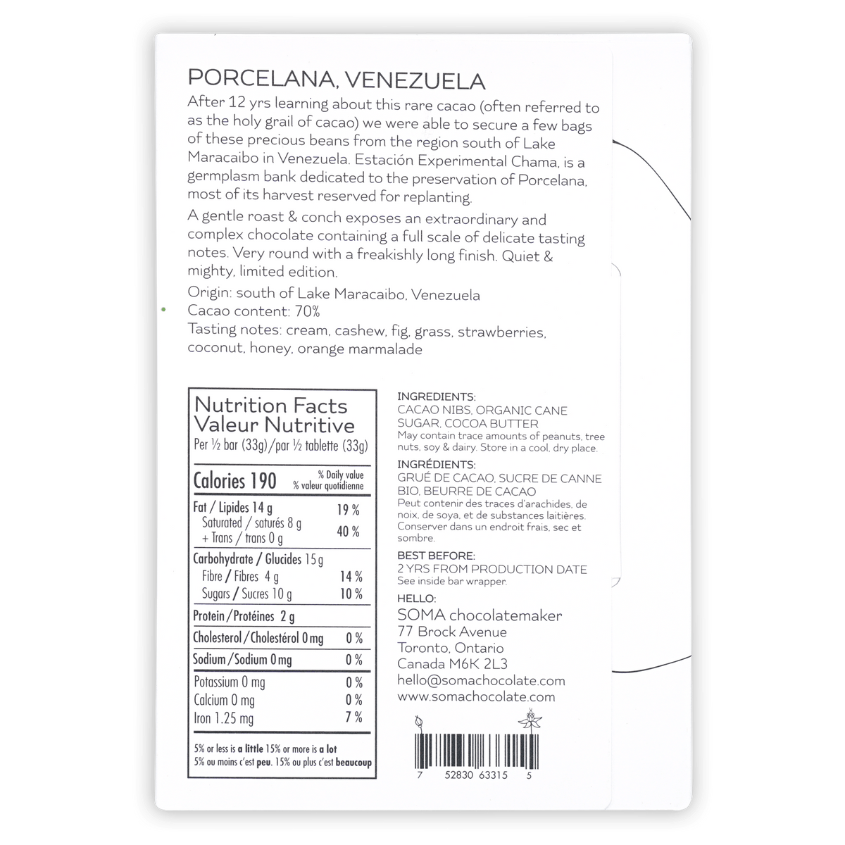 Back of Soma Porcelana, Venezuela box, product description, nutrition facts and ingredients