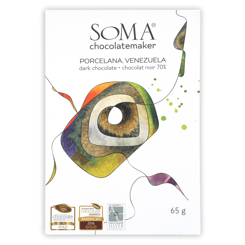Soma chocolatemaker Porcelana, Venezuela dark chocolate 70% box, white with a colorful abstract shape, 65g