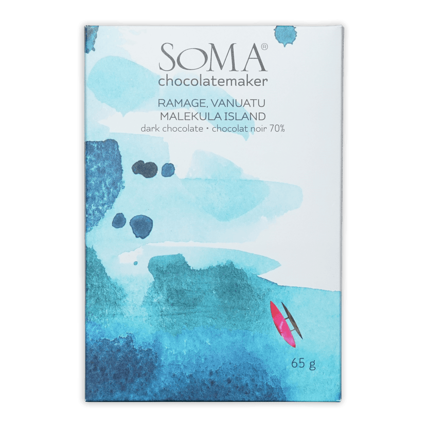 Soma Ramage Vanuatu 70% 65g chocolate bar with watercolor blue surfboard packaging