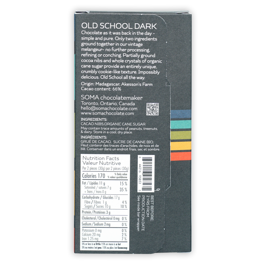 Soma Old School Dark 66% chocolate bar box back with ingredients