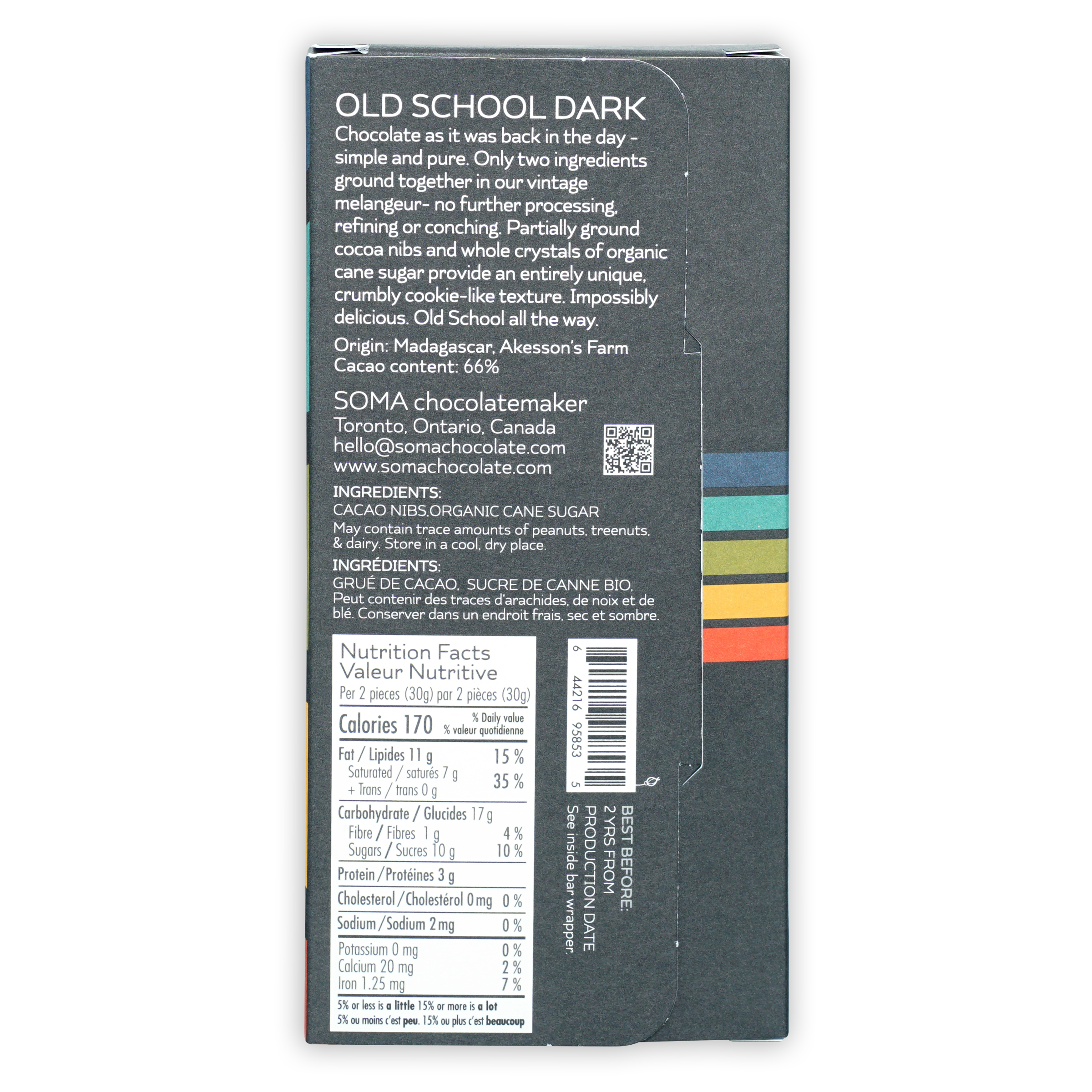 Soma Old School Dark 66% chocolate bar box back with ingredients
