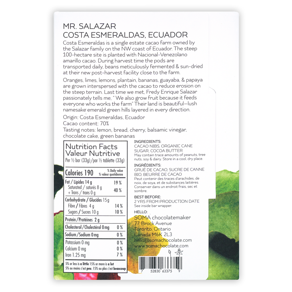 Back label of Soma Mr. Salazar Costa Esmeraldas 70% chocolate bar from Ecuador