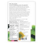 Back label of Soma Mr. Salazar Costa Esmeraldas 70% chocolate bar from Ecuador