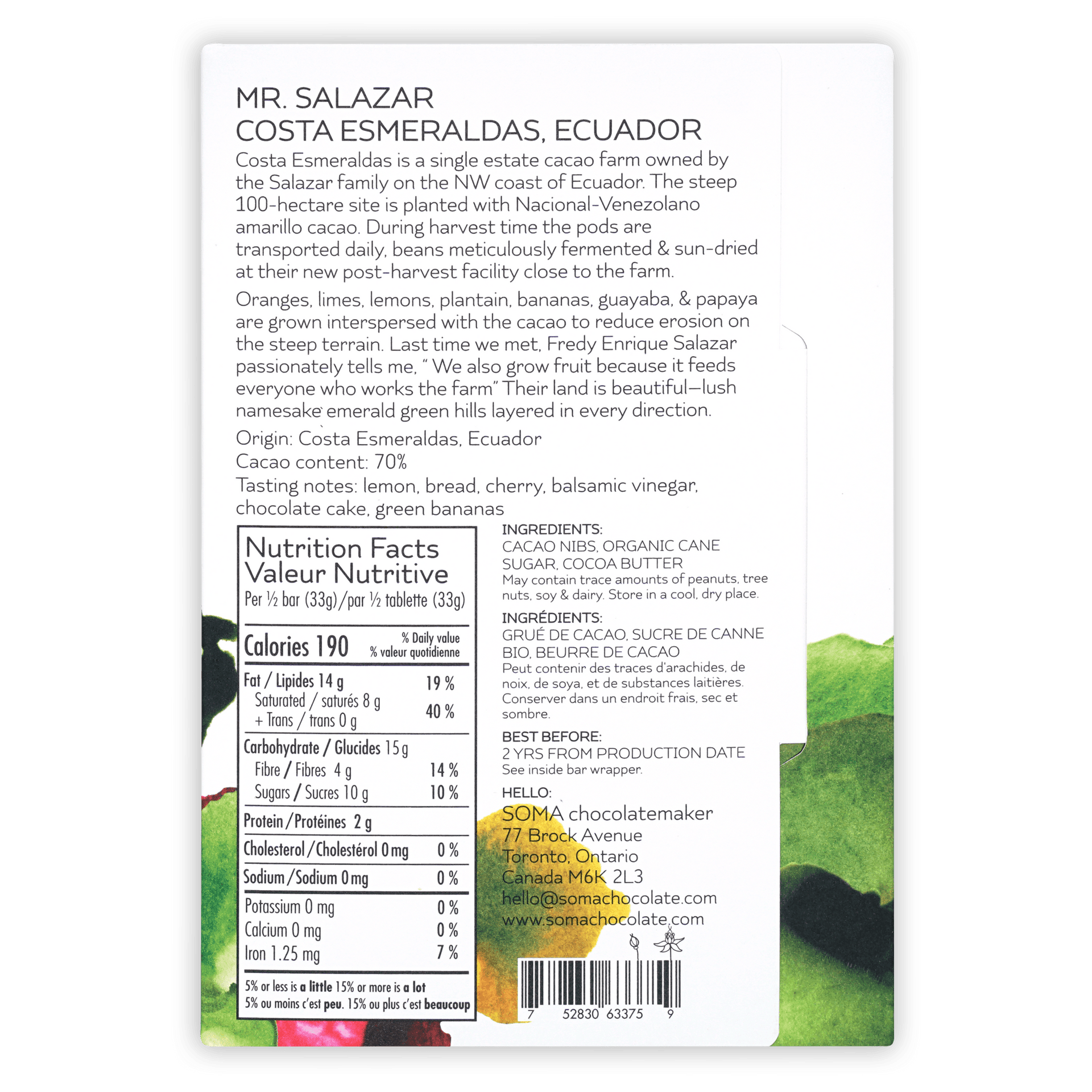 Back label of Soma Mr. Salazar Costa Esmeraldas 70% chocolate bar from Ecuador