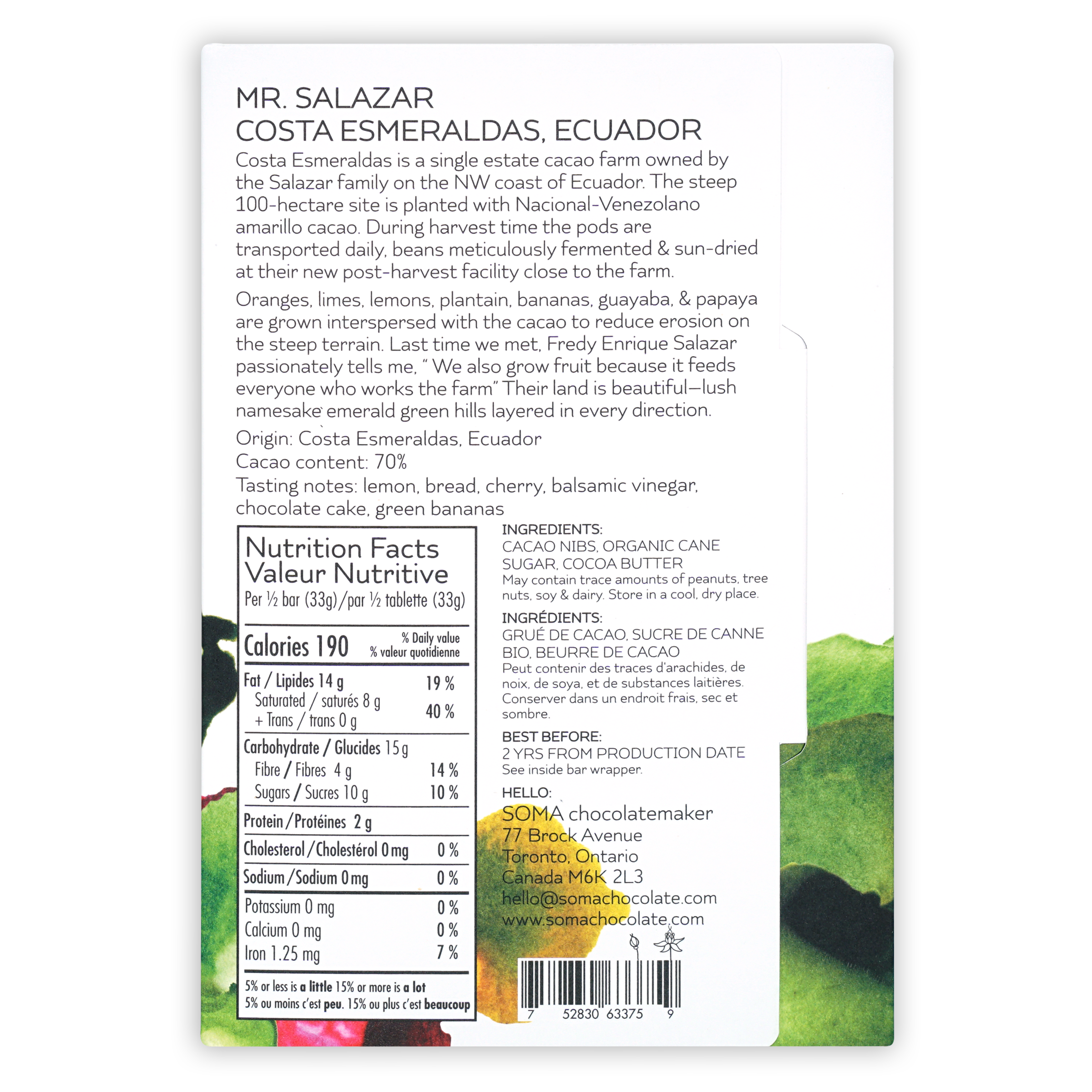 Back label of Soma Mr. Salazar Costa Esmeraldas 70% chocolate bar from Ecuador