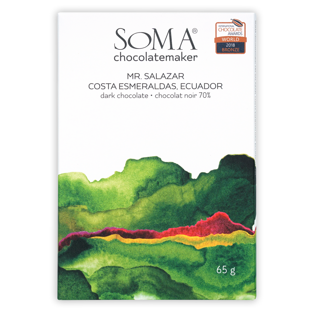 Soma Mr. Salazar Costa Esmeraldas 70% dark chocolate bar with watercolor hills