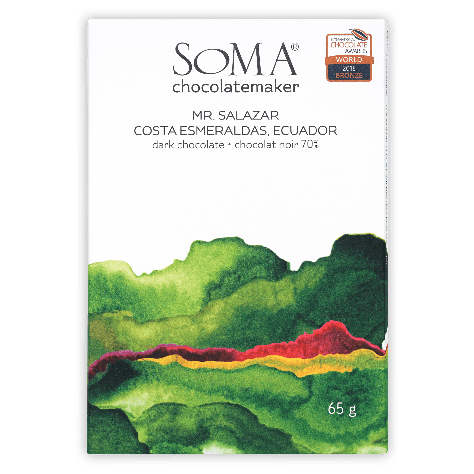 Soma Mr. Salazar Costa Esmeraldas 70% dark chocolate bar with watercolor hills