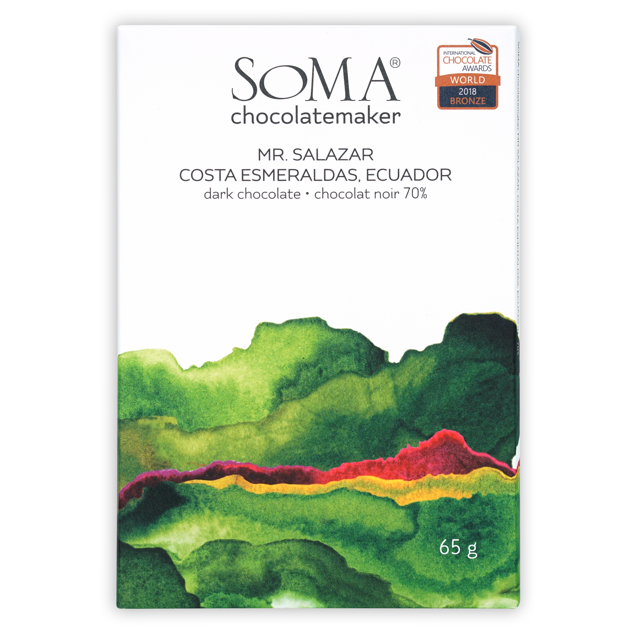 Soma Mr. Salazar Costa Esmeraldas 70% dark chocolate bar with watercolor hills