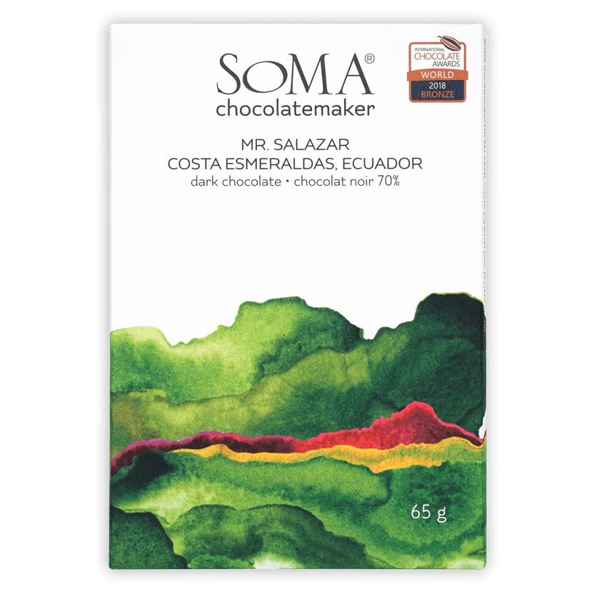 Soma Mr. Salazar Costa Esmeraldas 70% dark chocolate bar with watercolor hills