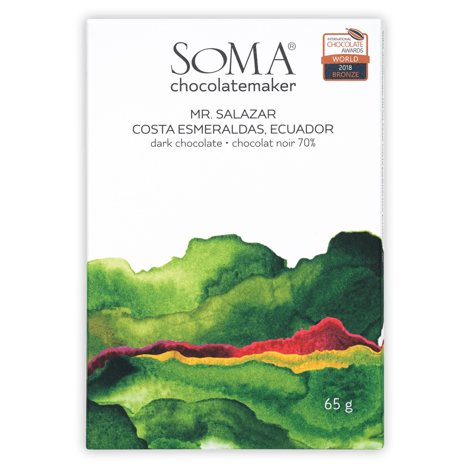 Soma Mr. Salazar Costa Esmeraldas 70% dark chocolate bar with watercolor hills