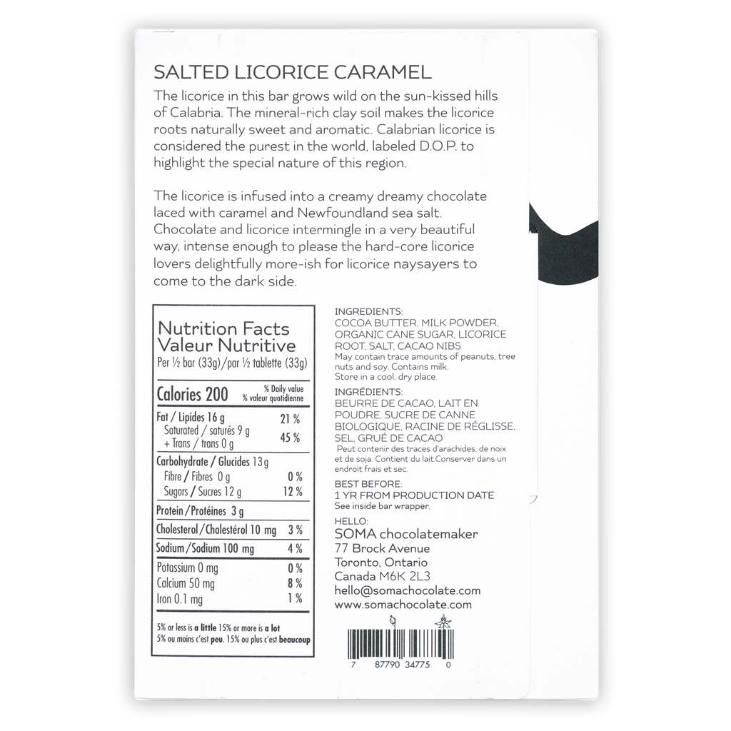Soma salted licorice caramel bar white rectangular package