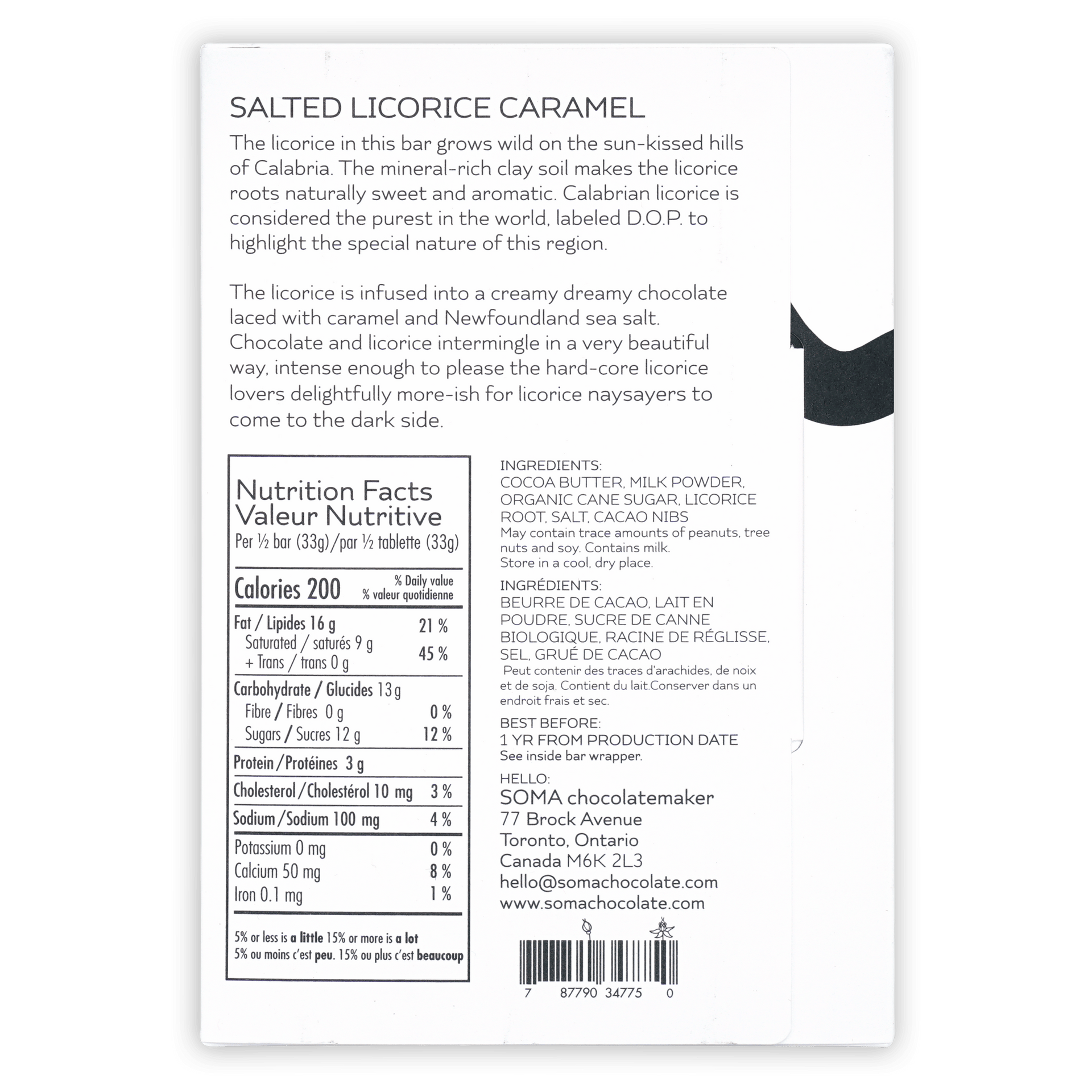 Soma salted licorice caramel bar white rectangular package