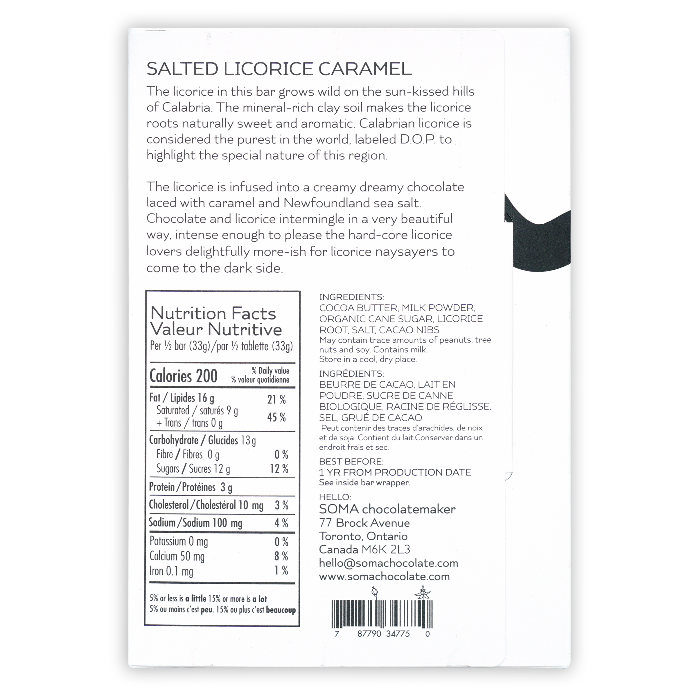 Soma salted licorice caramel bar white rectangular package