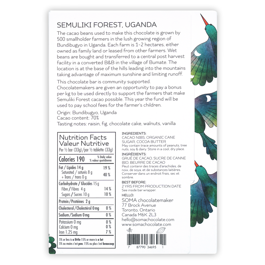 Soma Semuliki Forest Uganda 70% chocolate bar wrapper with birds