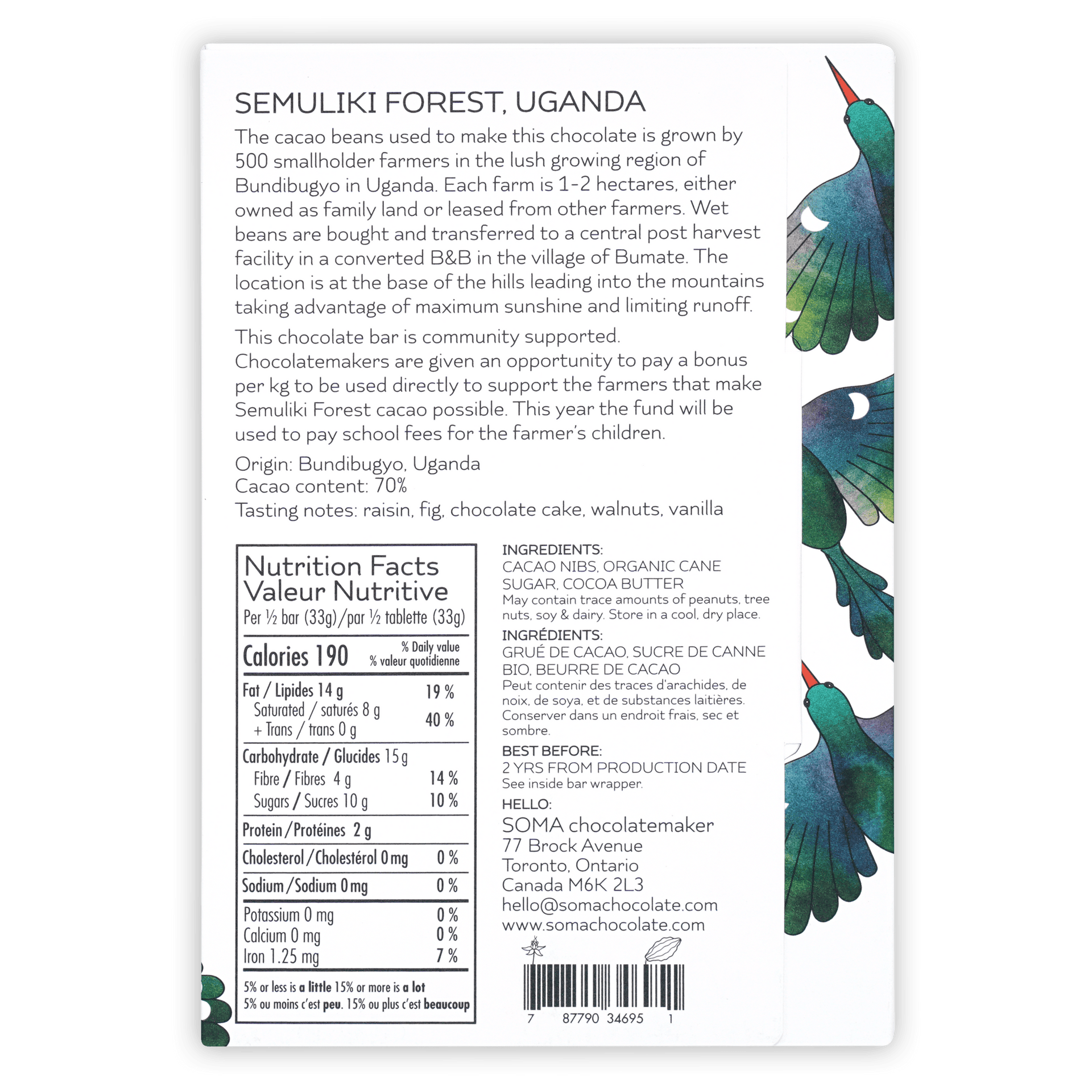 Soma Semuliki Forest Uganda 70% chocolate bar wrapper with birds
