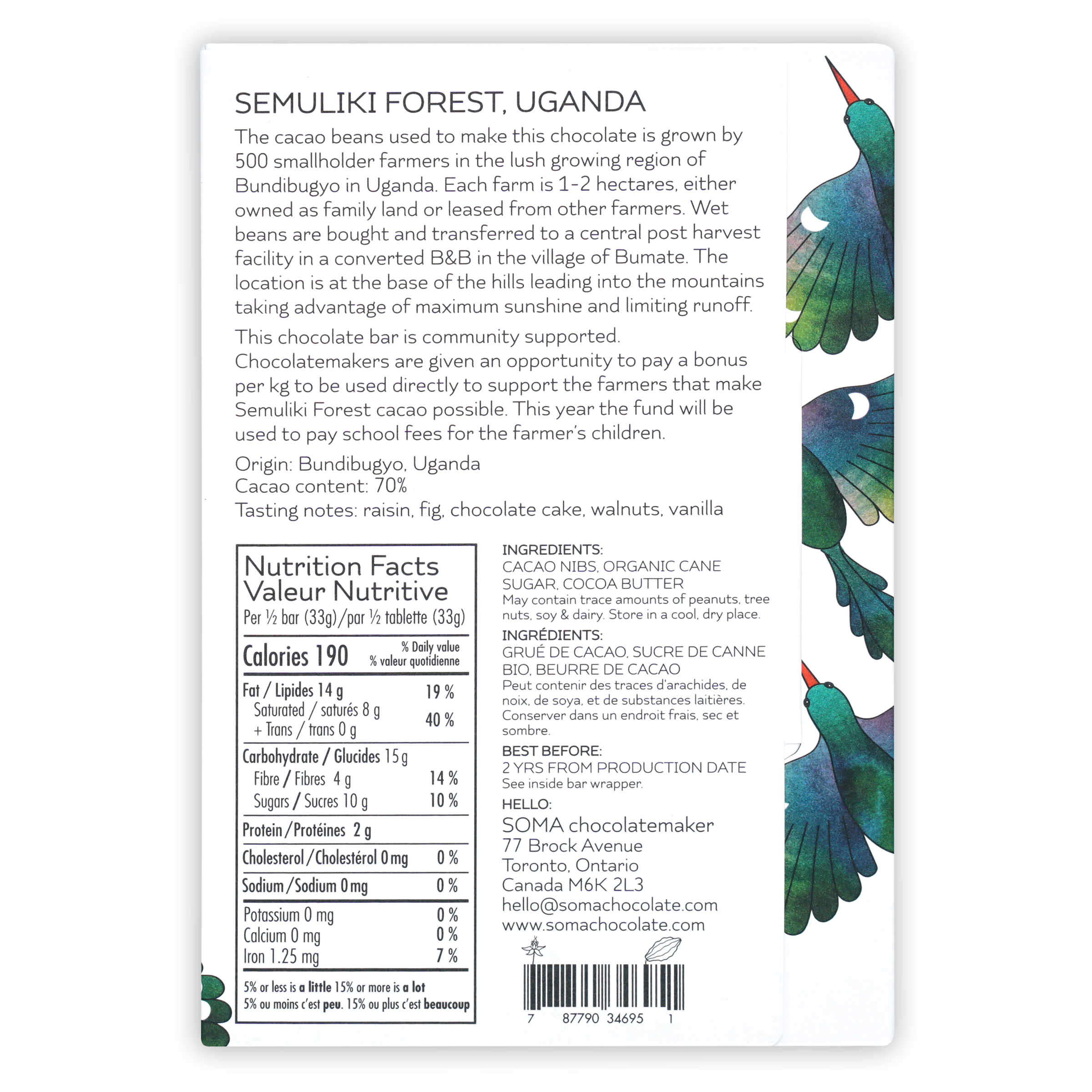 Soma Semuliki Forest Uganda 70% chocolate bar wrapper with birds