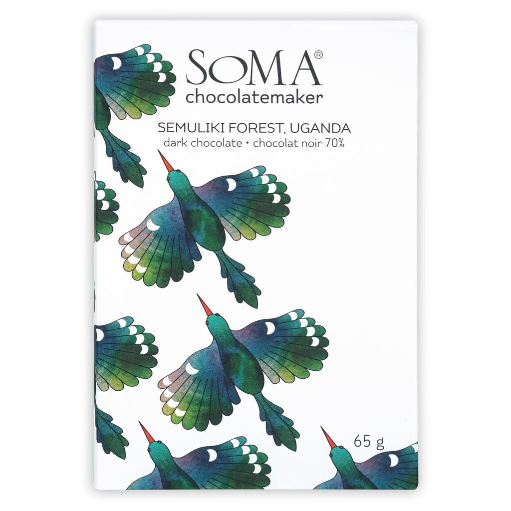 Soma Semuliki Forest Uganda 70% dark chocolate bar wrapper with birds