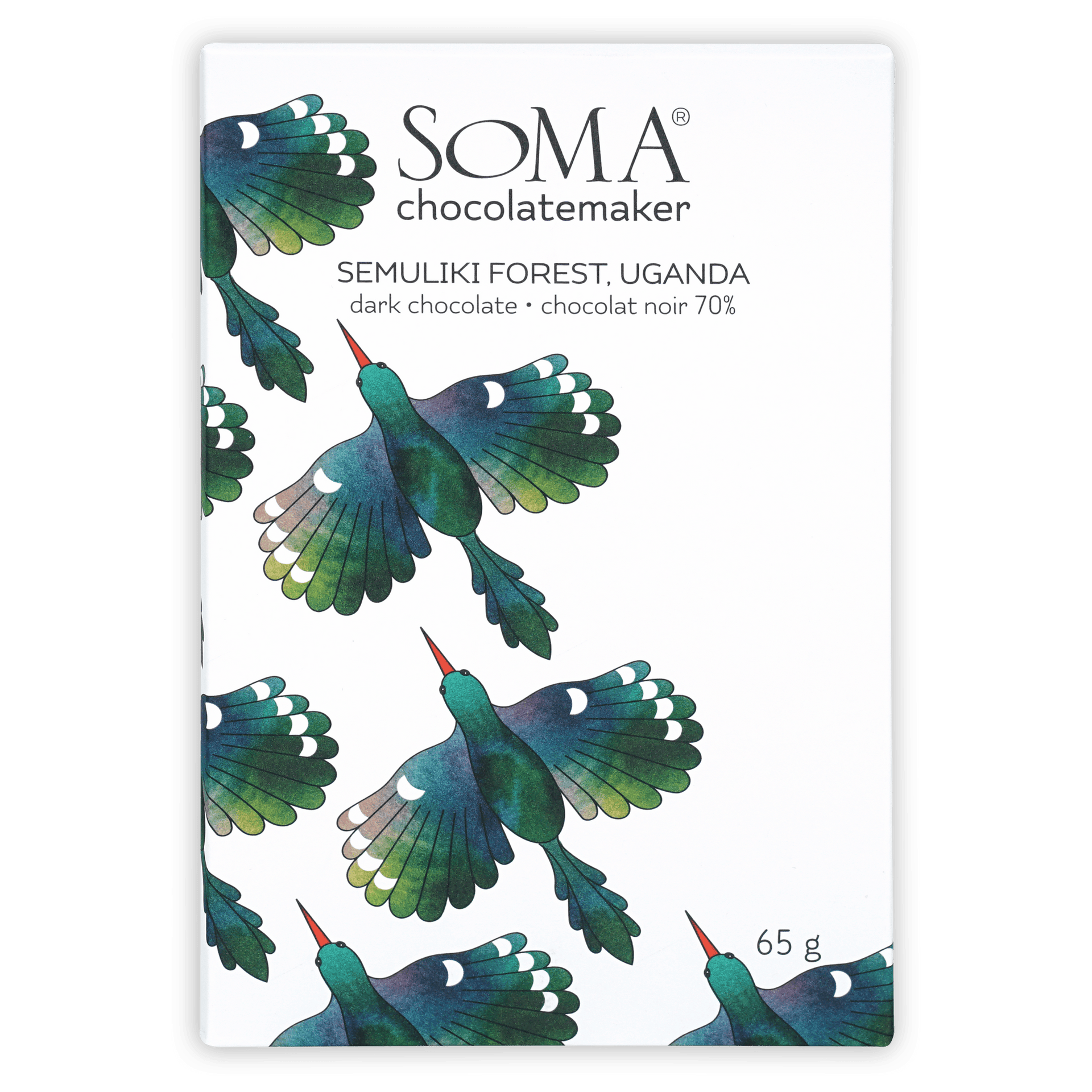 Soma Semuliki Forest Uganda 70% dark chocolate bar wrapper with birds