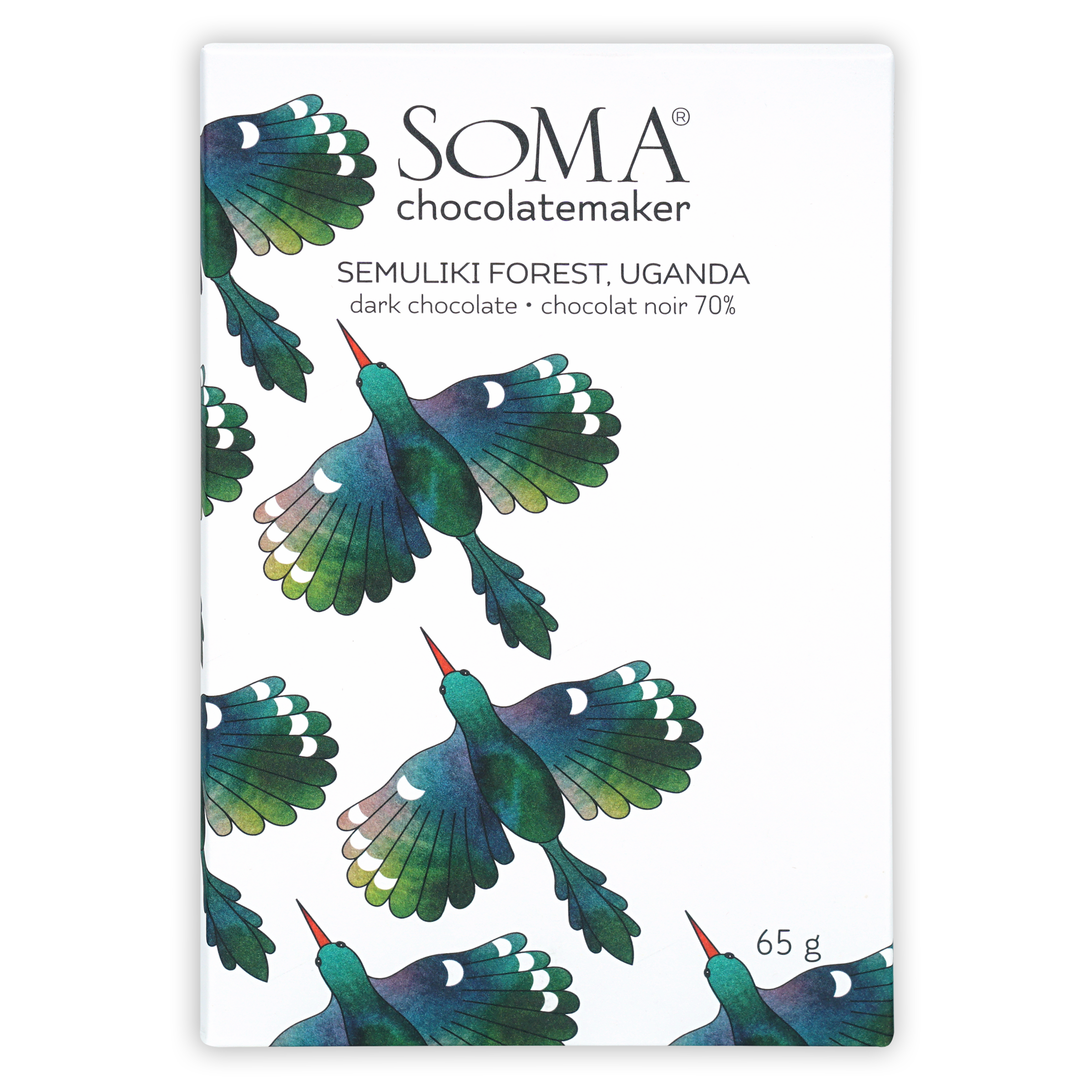 Soma Semuliki Forest Uganda 70% dark chocolate bar wrapper with birds