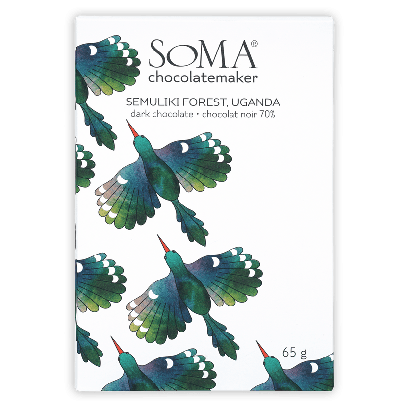 Soma Semuliki Forest Uganda 70% dark chocolate bar wrapper with birds