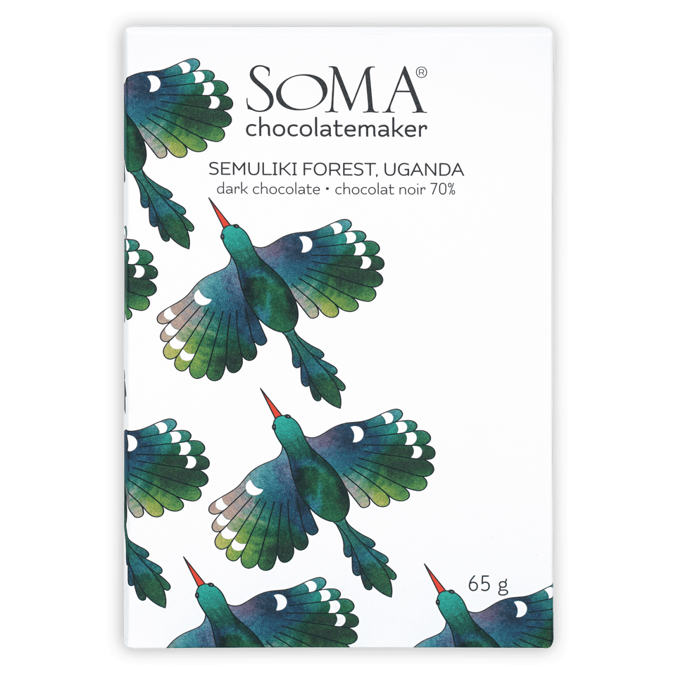 Soma Semuliki Forest Uganda 70% dark chocolate bar wrapper with birds