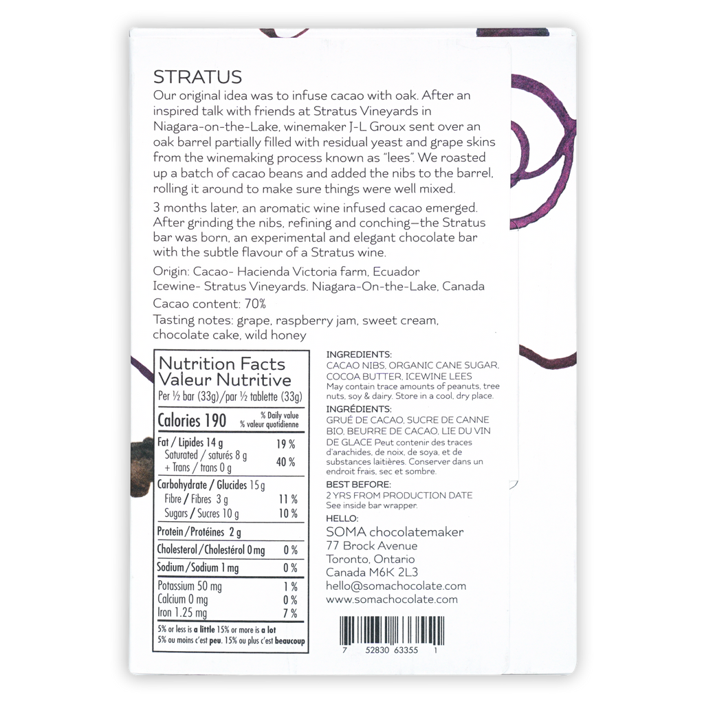 Soma Stratus Icewine lees white chocolate bar wrapper back with purple swirls