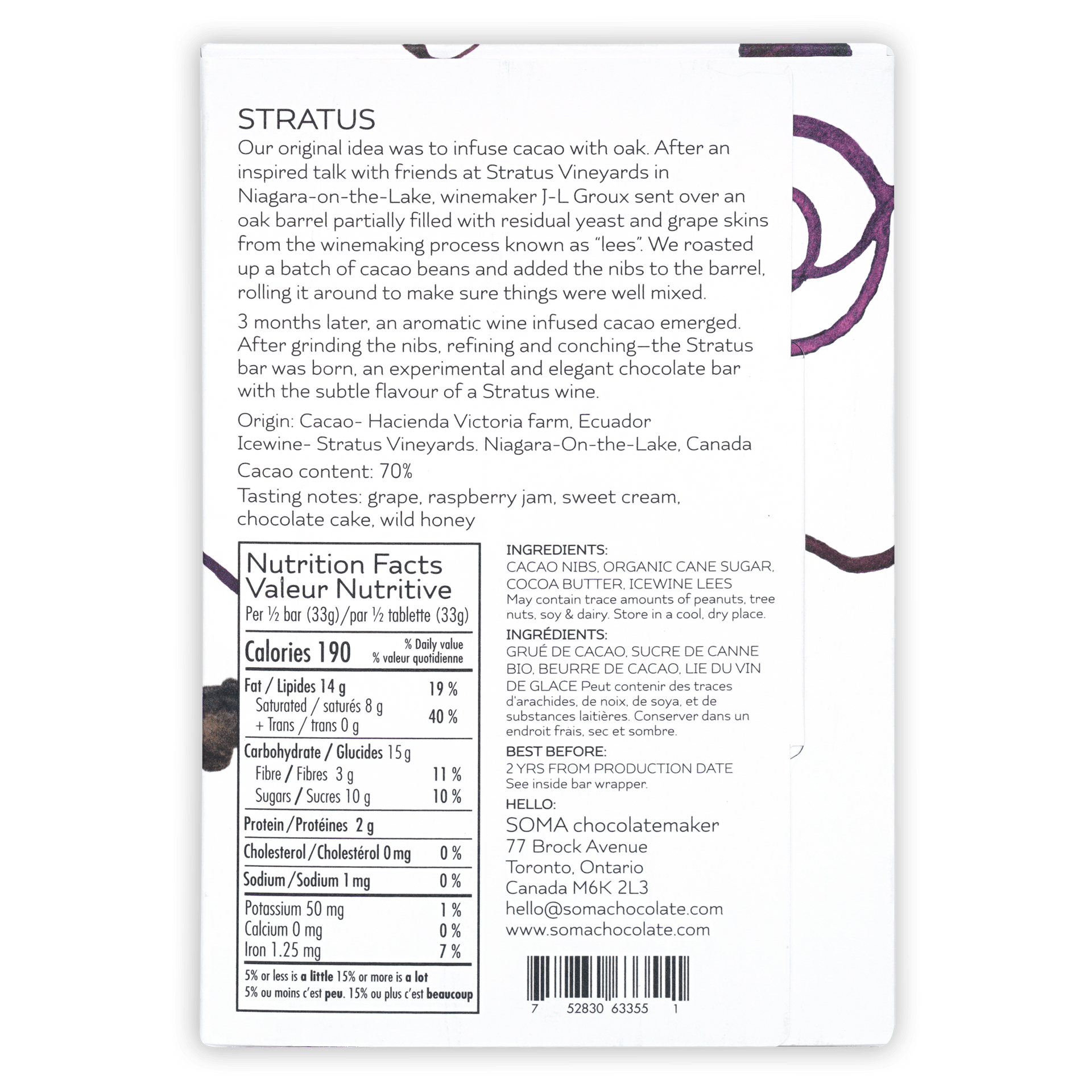 Soma Stratus Icewine lees white chocolate bar wrapper back with purple swirls