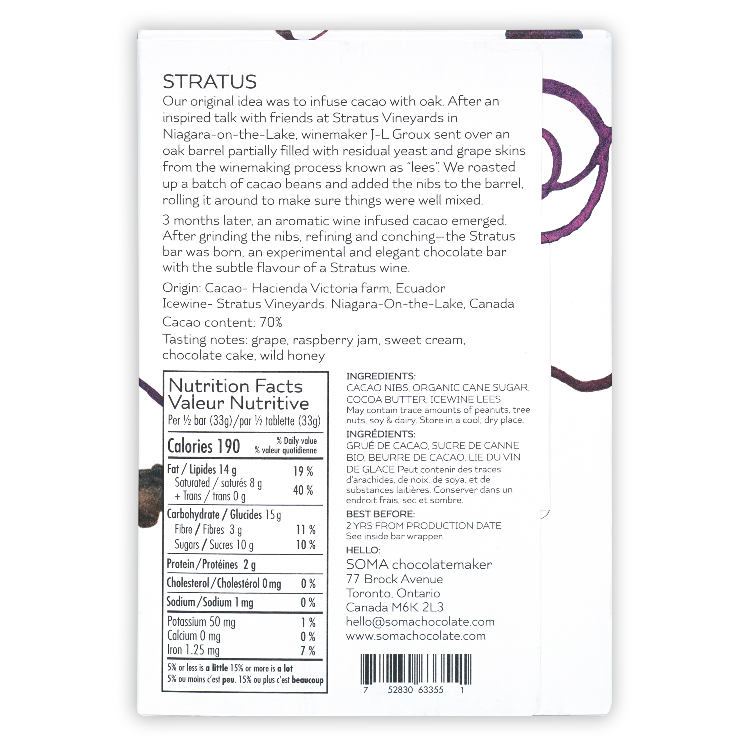 Soma Stratus Icewine lees white chocolate bar wrapper back with purple swirls