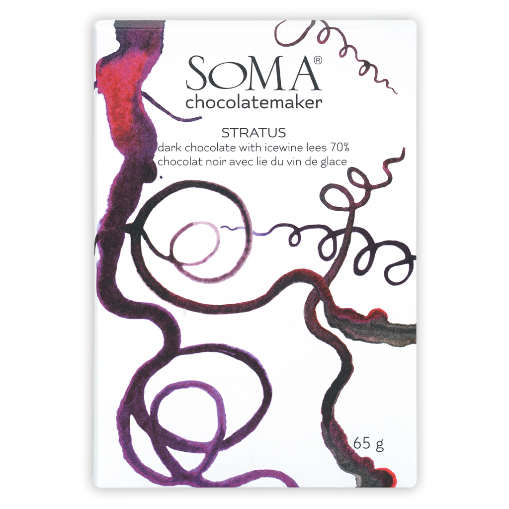 Soma Stratus 70% dark chocolate bar with icewine lees, purple red swirl wrapper