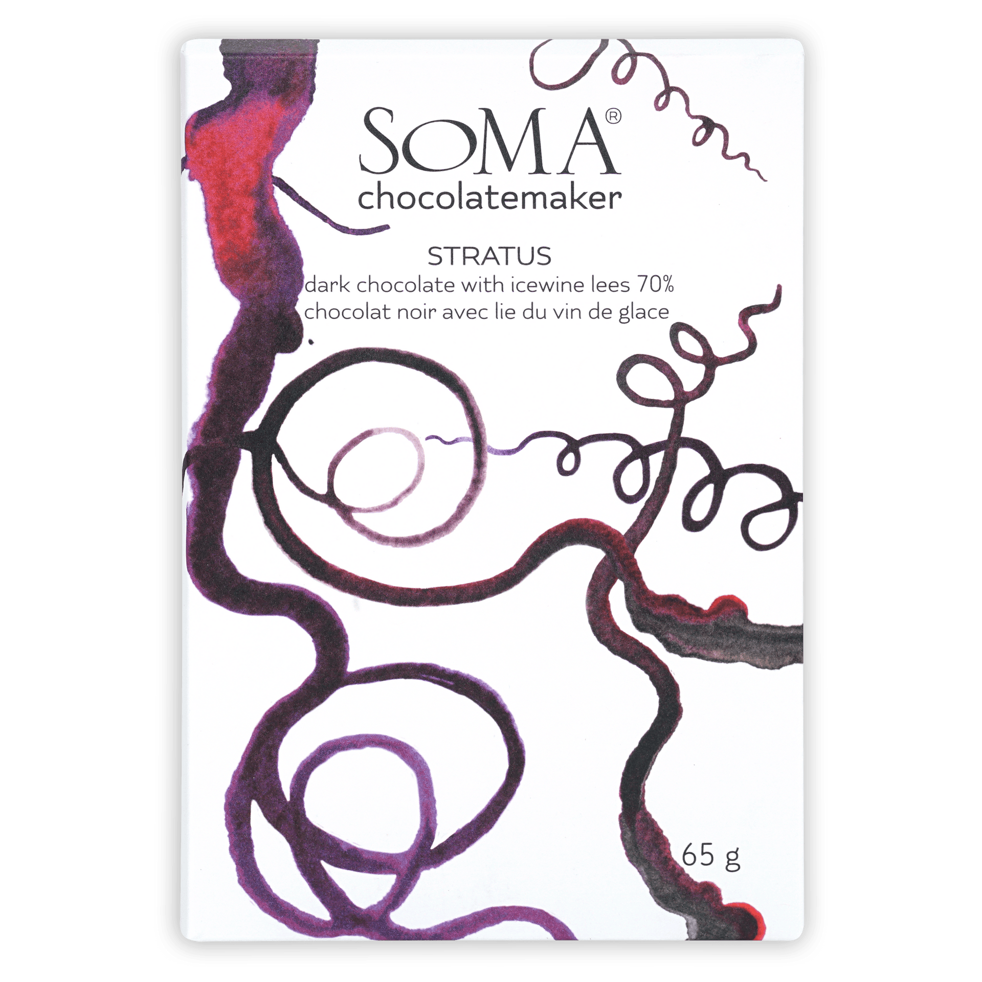 Soma Stratus 70% dark chocolate bar with icewine lees, purple red swirl wrapper