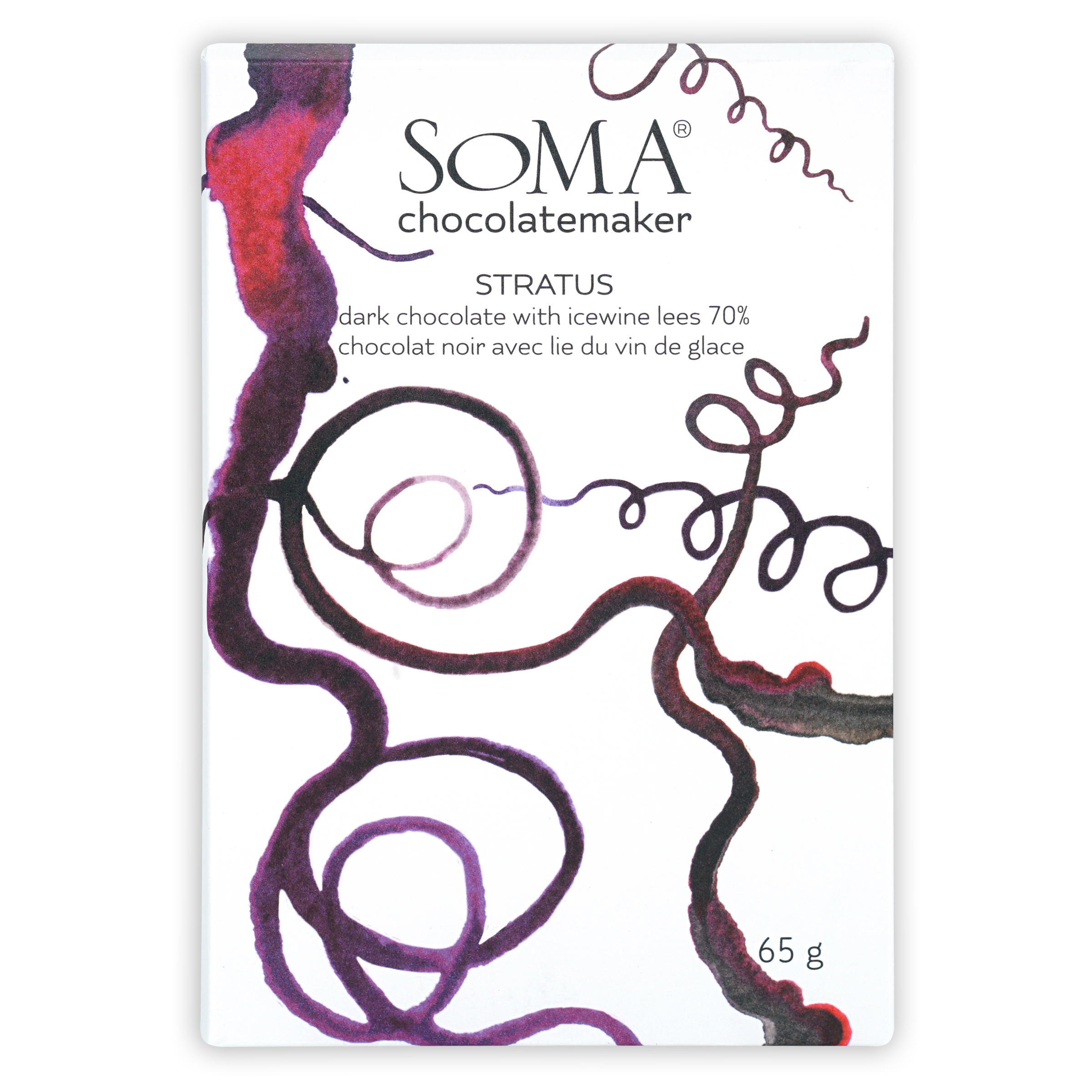 Soma Stratus 70% dark chocolate bar with icewine lees, purple red swirl wrapper