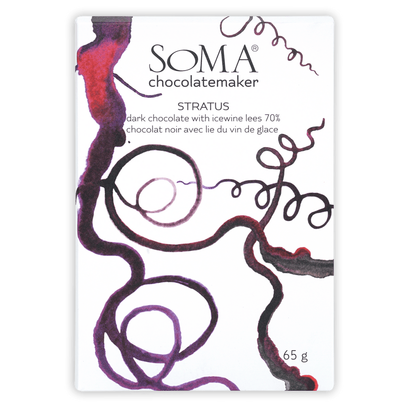 Soma Stratus 70% dark chocolate bar with icewine lees, purple red swirl wrapper