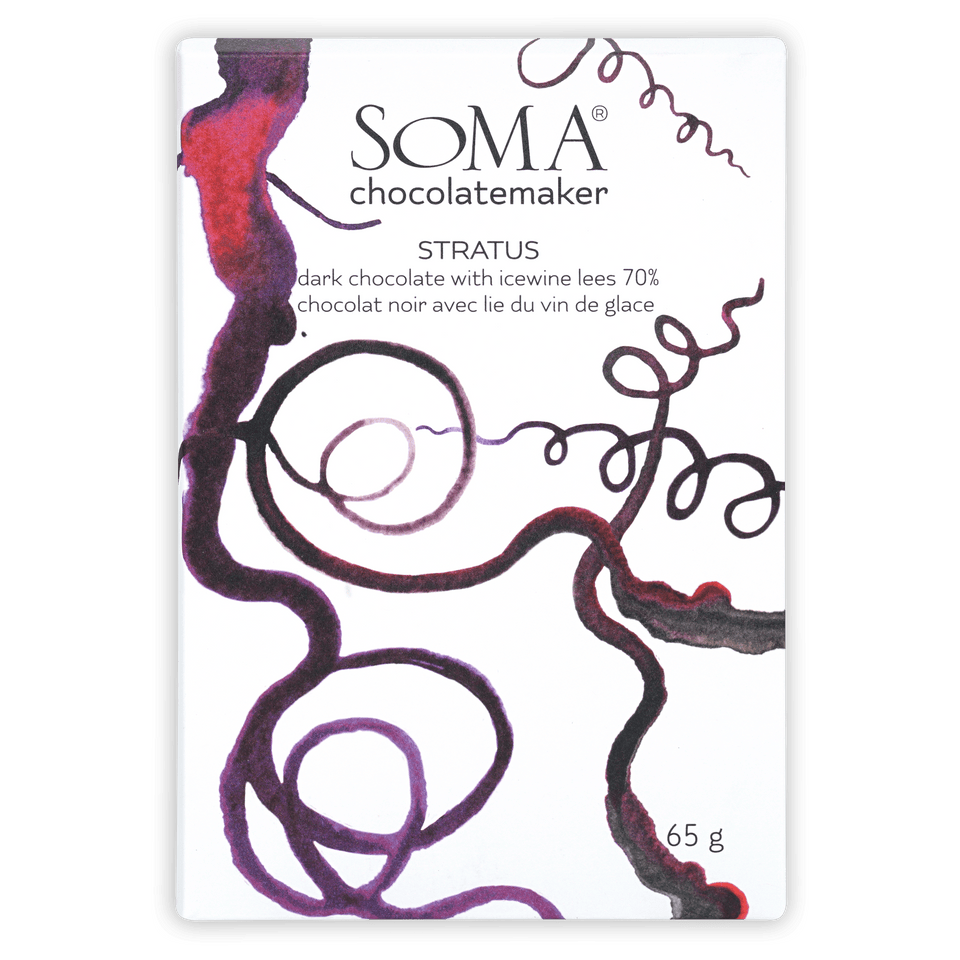 Soma Stratus 70% dark chocolate bar with icewine lees, purple red swirl wrapper